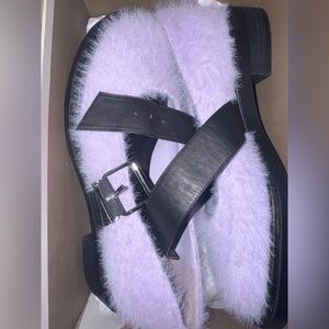 Fuzzy Lilac Mary Janes with Black Leather Straps